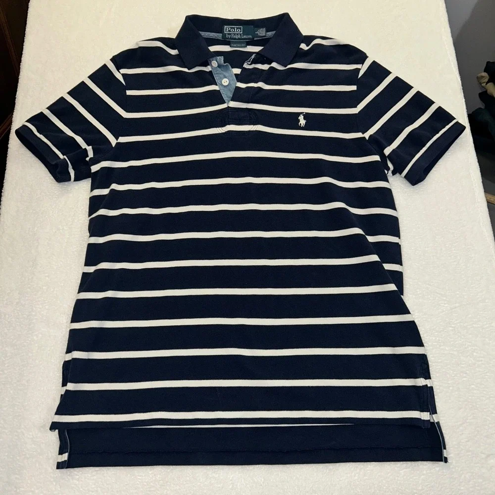 Polo Ralph Lauren Rugby Shirt Vintage Y2K Striped Mens L Navy Blue Short Sleeve